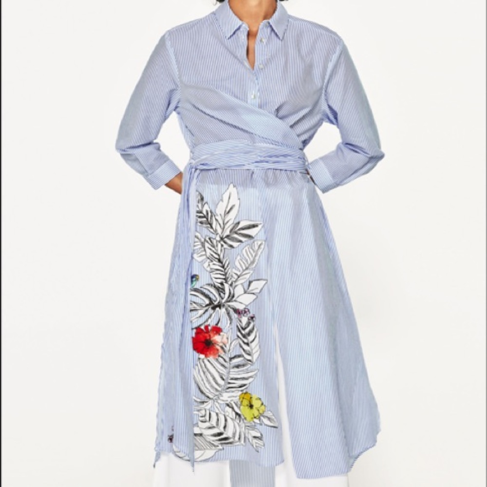 Z A R A Stripped button down and tie detail blouse
